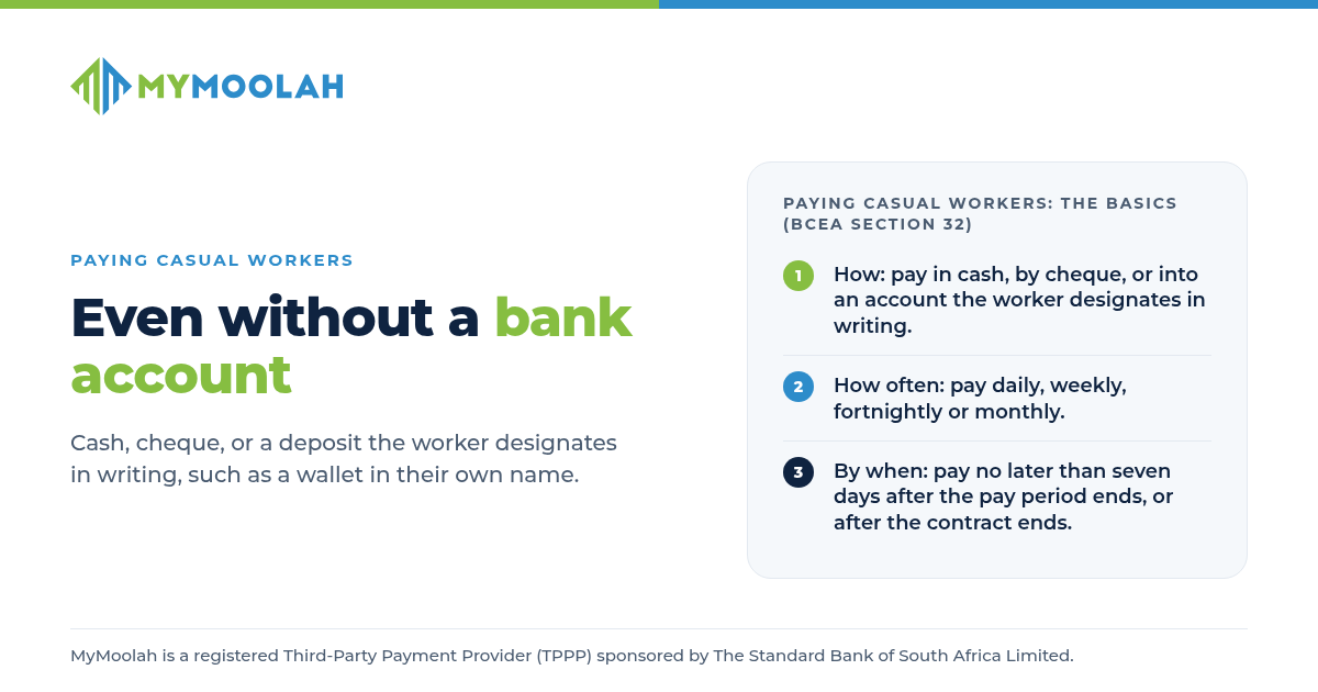 MyMoolah graphic titled "Even without a bank account" under the label "Paying casual workers", with the line "Cash, cheque, or a deposit the worker designates in writing, such as a wallet in their own name." A panel headed "Paying casual workers: the basics (BCEA section 32)" lists: how, pay in cash, by cheque, or into an account the worker designates in writing; how often, pay daily, weekly, fortnightly or monthly; by when, pay no later than seven days after the pay period ends, or after the contract ends. Footer: MyMoolah is a registered Third-Party Payment Provider (TPPP) sponsored by The Standard Bank of South Africa Limited.