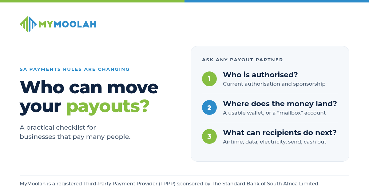 Who can move your payouts? (hero) MyMoolah graphic titled "Who can move your payouts?" with the line "SA payments rules are changing" and "A practical checklist for businesses that pay many people." A panel headed "Ask any payout partner" lists three questions: who is authorised, where the money lands, and what recipients can do next. Footer: MyMoolah is a registered Third-Party Payment Provider (TPPP) sponsored by The Standard Bank of South Africa Limited.